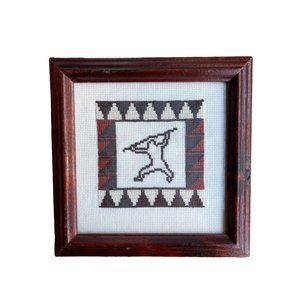 Hawaiian Petroglyphs Spearman Cross Stitch 1991 Hand made Framed 6 x 6